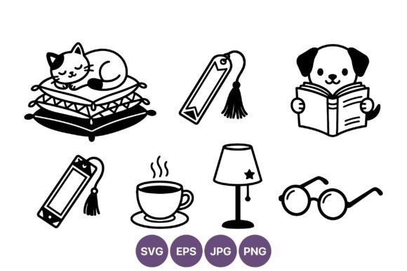 Cat Pillow Dog Book Coffee Lamp Line Art
