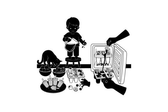 Silhouette of a Child and Dog Near Food